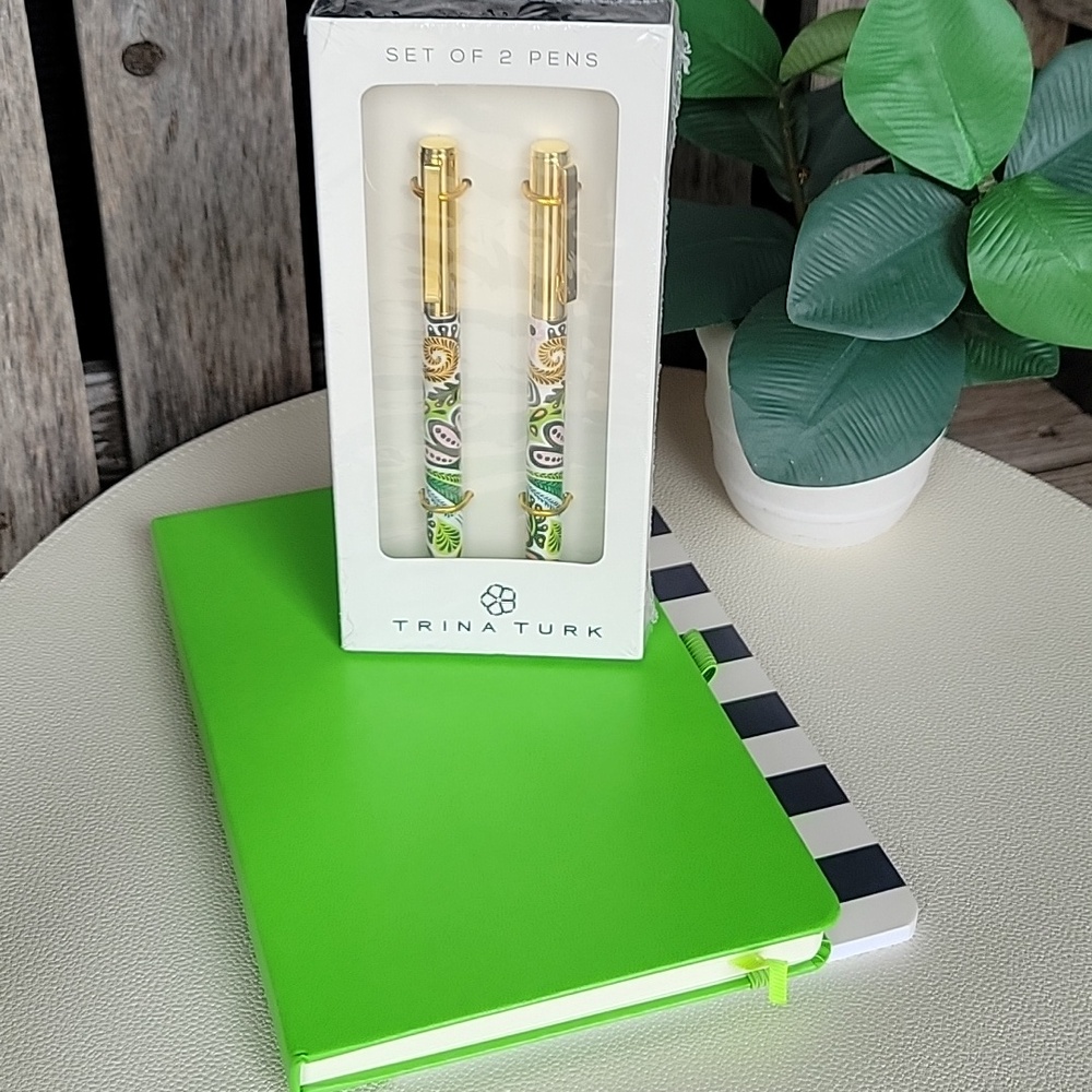 Trina Turk Gold and Multicolor Pen Set with Green and Black-Striped Notebooks - Picture 2 of 5